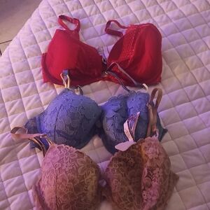 Victoria's Secret Lace Bra Trio - Red, Blue, Tan